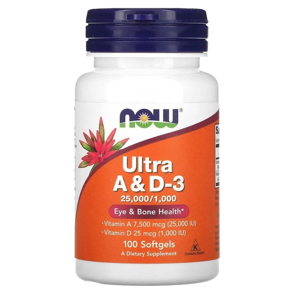 Вітамін А та D3 NOW Ultra A & D-3 25000/1000 IU, 100 капсул для підтримки кісток, зубів та зору