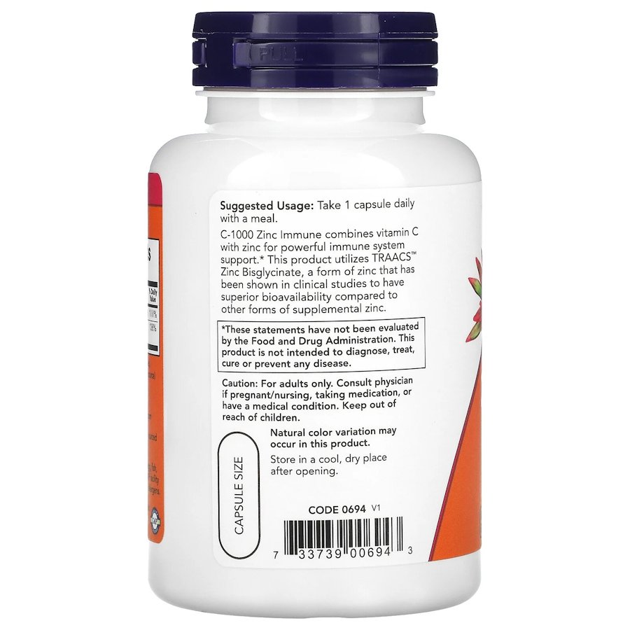 Вітамін С та цинк NOW Vitamin C-1000 & Zinc Immune, 90 вегакапсул для покращення  імунної системи. Фото 3