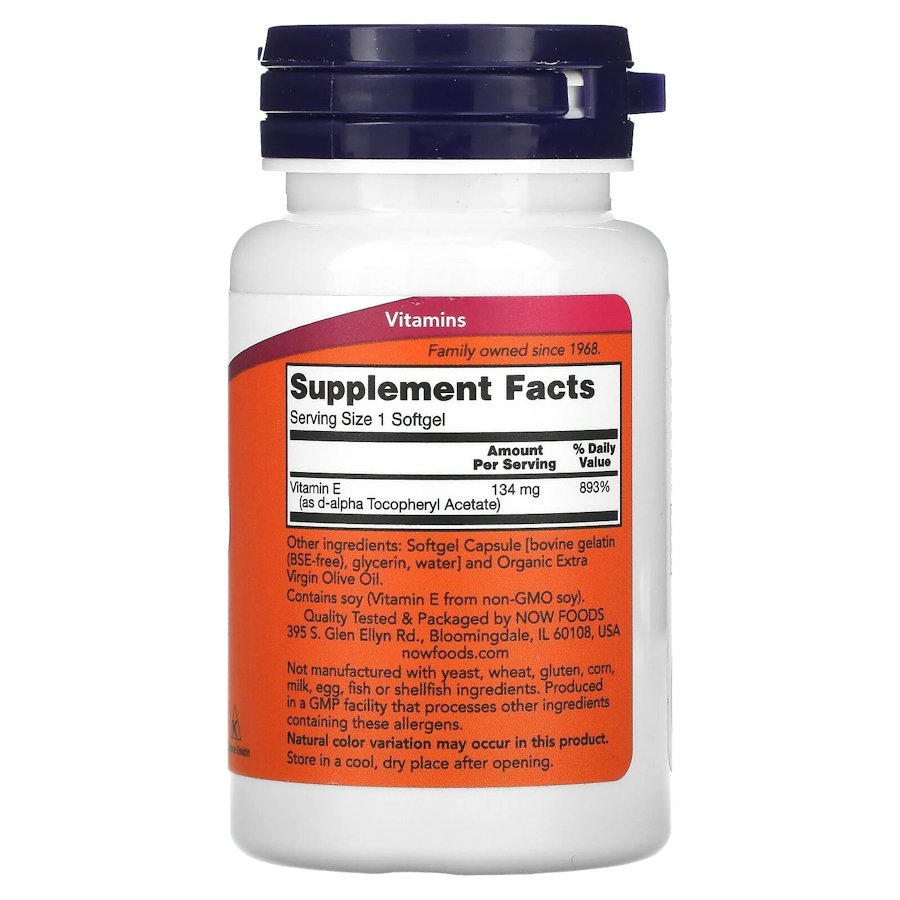 D-альфа-токоферилацетат NOW Vitamin E-200 D-Alpha Tocopheryl, 100 капсул. Фото 2