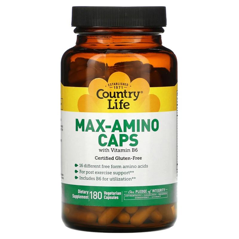 Комплекс амінокислот Country Life Max-Amino, 180 вегакапсул для зростання м'язової маси