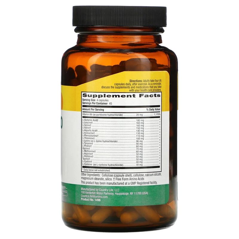 Комплекс амінокислот Country Life Max-Amino, 180 вегакапсул для зростання м'язової маси. Фото 2