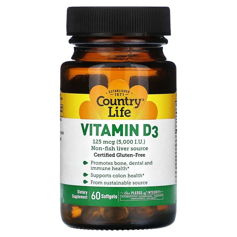 Вітамін D3 Country Life Vitamin D3 5000 IU, 60 капсул для здоров'я кісток, зубів і імунітету