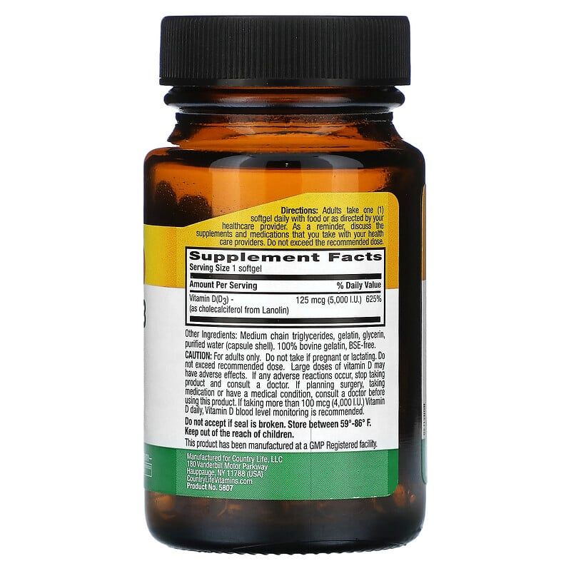 Вітамін D3 Country Life Vitamin D3 5000 IU, 60 капсул для здоров'я кісток, зубів і імунітету. Фото 2