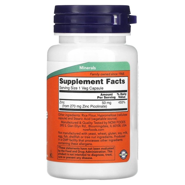 Цинк пиколинат NOW Zinc Picolinate 50 mg, 60 вегакапсул для поддержания иммунитета. Фото 2