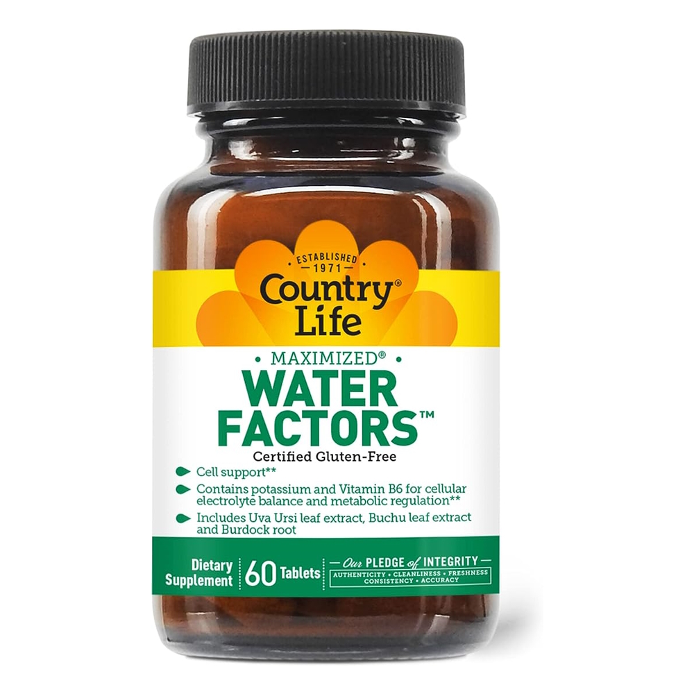 Трав'яна суміш Country Life Water Factors, 60 таблеток для балансу рідини і підтримки клітин