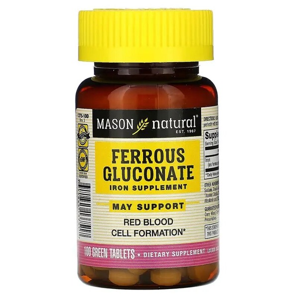 Глюконат заліза Mason Natural Ferrous Gluconate, 100 таблеток для підтримки утворення еритроцитів