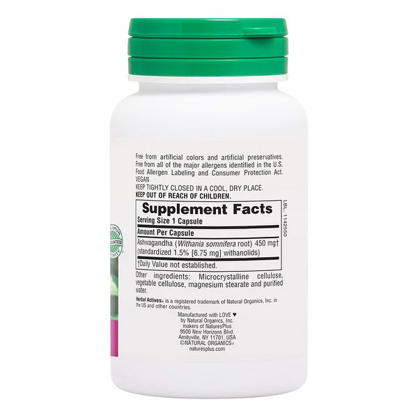 Ашваганда Natures Plus Herbal Actives Ashwagandha 450 mg, 60 вегакапсул. Фото 2