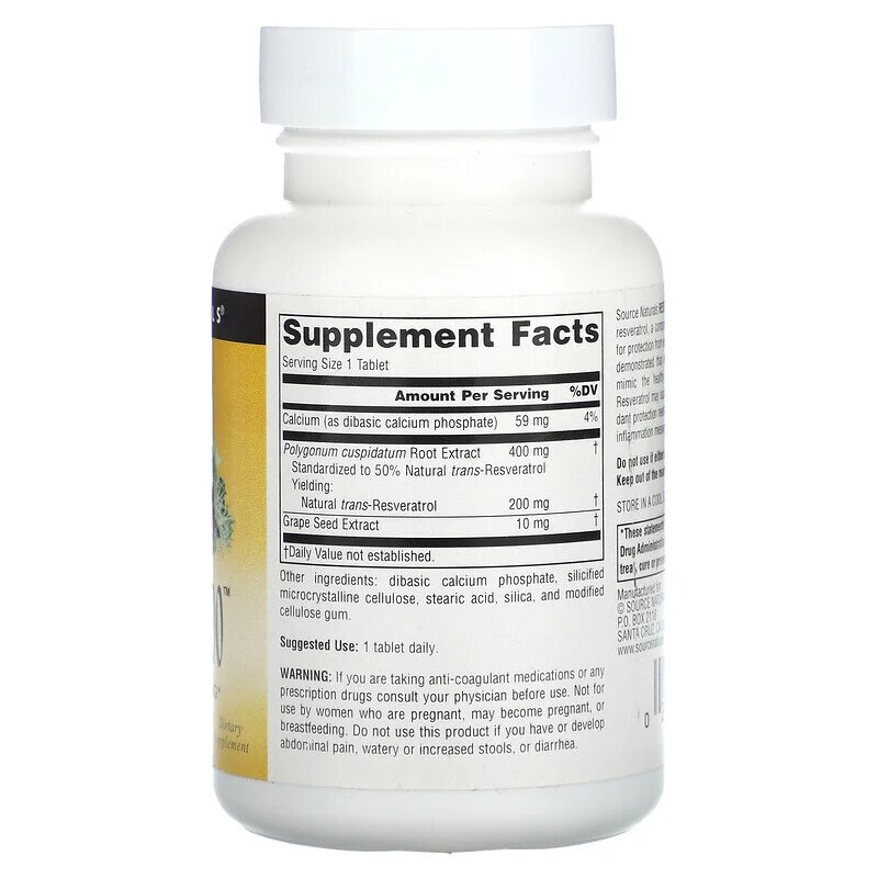 Ресвератрол Source Naturals Resveratrol 200 mg, 60 таблеток для підтримки мозку та серця. Фото 2