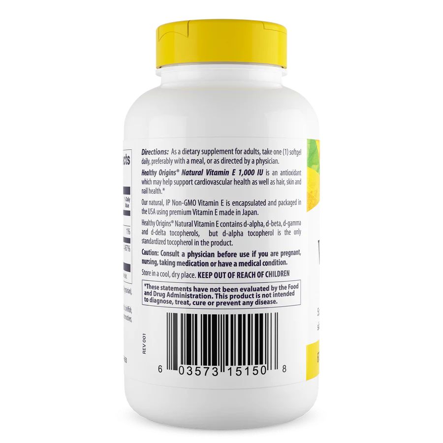 Вітамін E Healthy Origins Vitamin E 1000 IU, 120 капсул для підтримки шкіри, волосся та нігтів. Фото 3