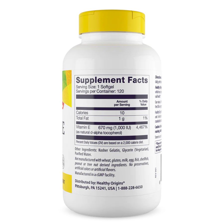 Вітамін E Healthy Origins Vitamin E 1000 IU, 120 капсул для підтримки шкіри, волосся та нігтів. Фото 2