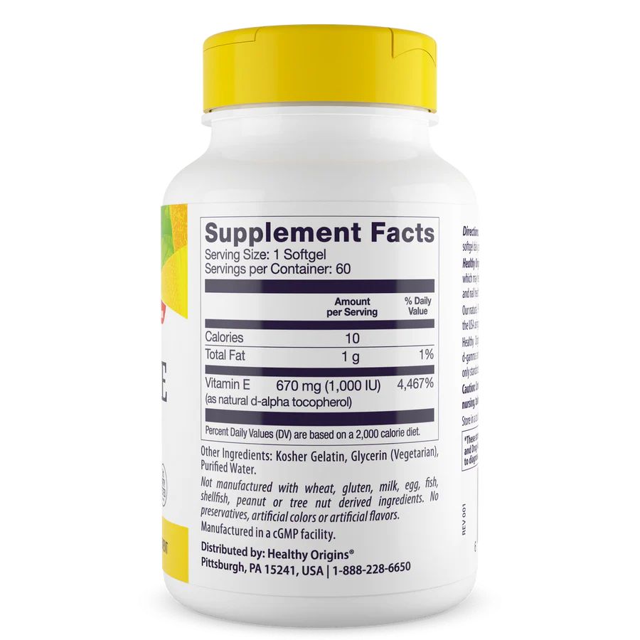 Витамин Е Healthy Origins Vitamin E 1000 IU, 60 капсул для поддержания кожи, волос и ногтей. Фото 2