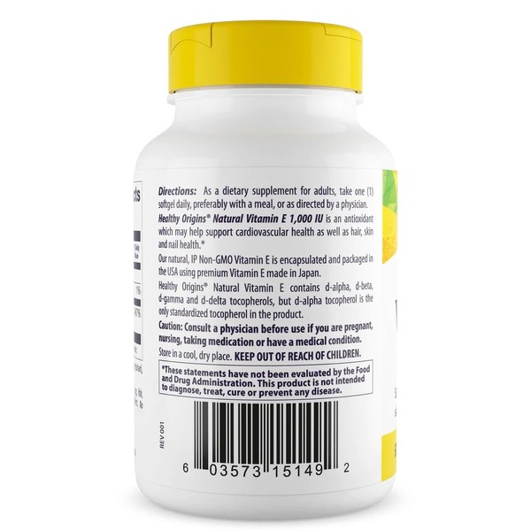 Витамин Е Healthy Origins Vitamin E 1000 IU, 60 капсул для поддержания кожи, волос и ногтей. Фото 3