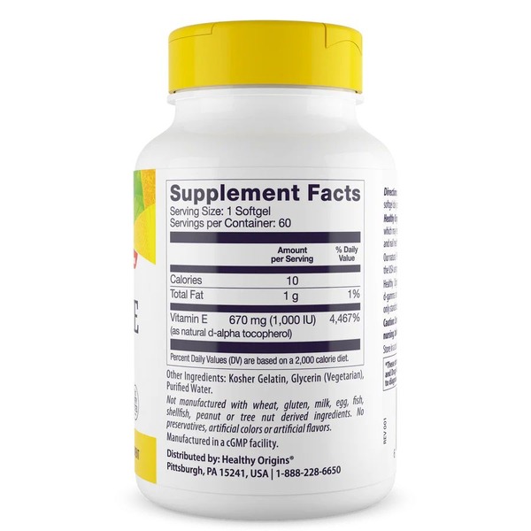 Витамин Е Healthy Origins Vitamin E 1000 IU, 60 капсул для поддержания кожи, волос и ногтей. Фото 2