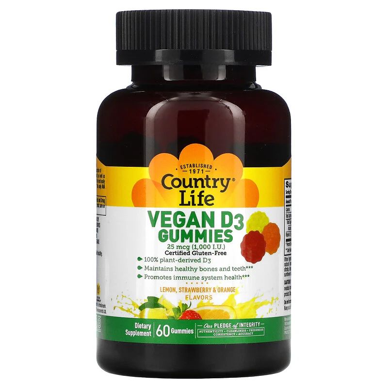 Вітамін D3 Country Life Vitamin D3 1000 IU, 60 желейок для підтримки кісток та зубів