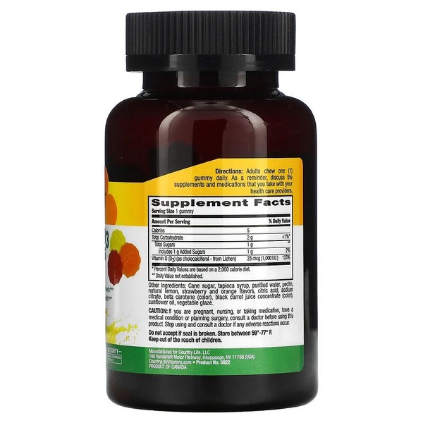 Вітамін D3 Country Life Vitamin D3 1000 IU, 60 желейок для підтримки кісток та зубів. Фото 2