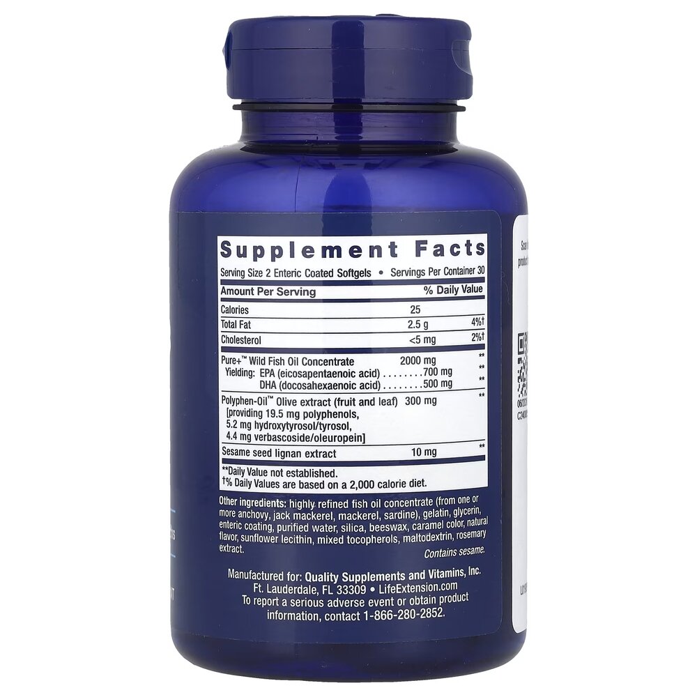 Омега-3 Life Extension Super Omega-3 Enteric Coated, 60 капсул для підтримки серця иа суглобів. Фото 2