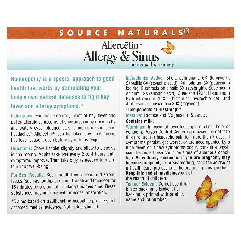 Натуральная добавка Source Naturals Allercetin Allergy & Sinus, 48 таблеток для помощи при аллергии. Фото 2