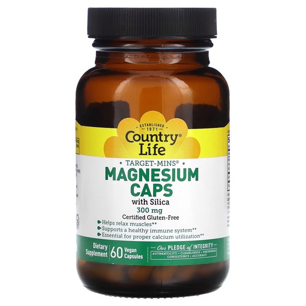 Вітаміни та мінерали Country Life Target-Mins Magnesium Caps 300 mg with Silica, 60 вегакапсул