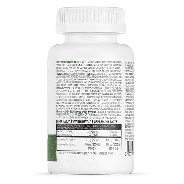 Витамин D3 и K2 OstroVit Vege Vitamin D3 4000 +K2, 100 таблеток для поддержки костей. Фото 2