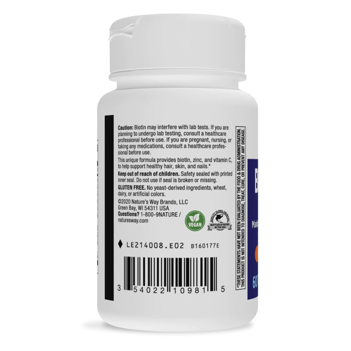 Біотин і цинк Nature's Way Biotin Forte with Zinc, 60 таблеток для підтримки  шкіри, волосся та нігтів. Фото 3