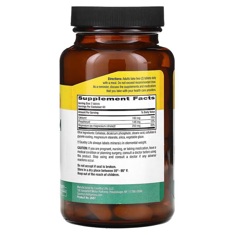 Магній, кальцій та фосфор Country Life Magnesium Citrate, 120 таблеток для підтримки кісток. Фото 2