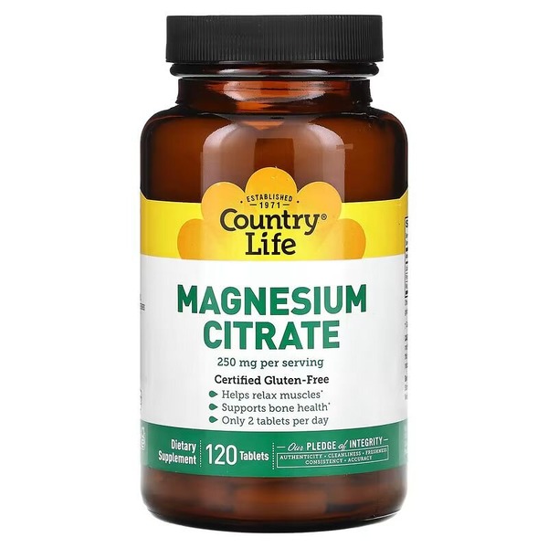 Магній, кальцій та фосфор Country Life Magnesium Citrate, 120 таблеток для підтримки кісток