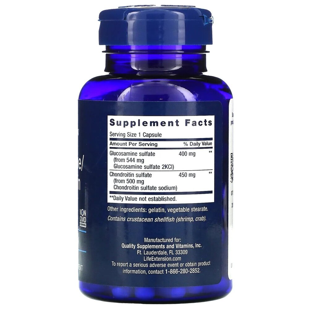 Глюкозамін та хондроїтин Life Extension Glucosamine/Chondroitin, 100 капсул для підтримки хрящів та суглобів. Фото 2