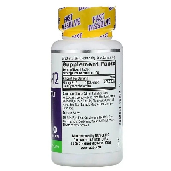 Быстрорастворимый витамин В12 Natrol Vitamin B-12 5000 mcg, 100 таблеток. Фото 2