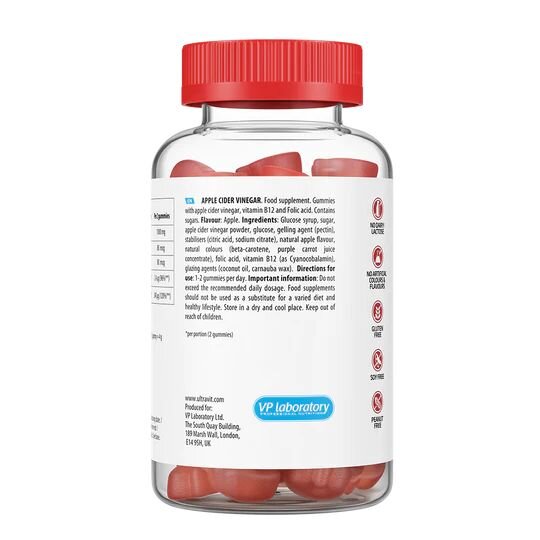 Яблучний оцет та вітамін В12, В9 VPLab UltraVit Apple Cider Vinegar, 60 желейок для підтримки травлення. Фото 3