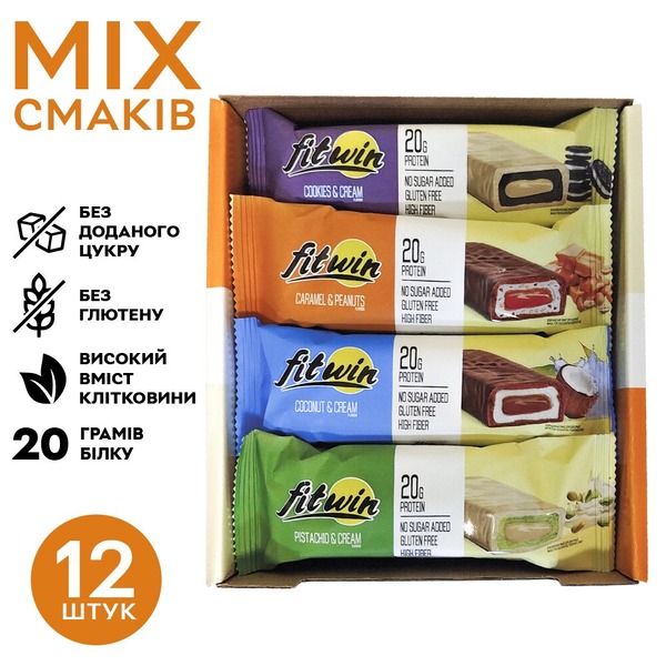 Блок батончиков FitWin Protein Bar 33% MIX, 12x60 грамм