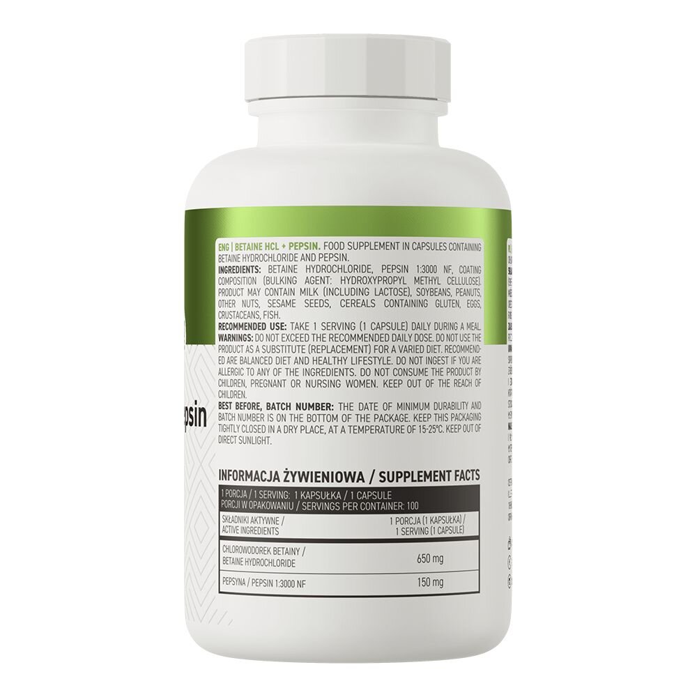 Натуральная добавка OstroVit Betaine HCl + Pepsin, 100 капсул. Фото 2