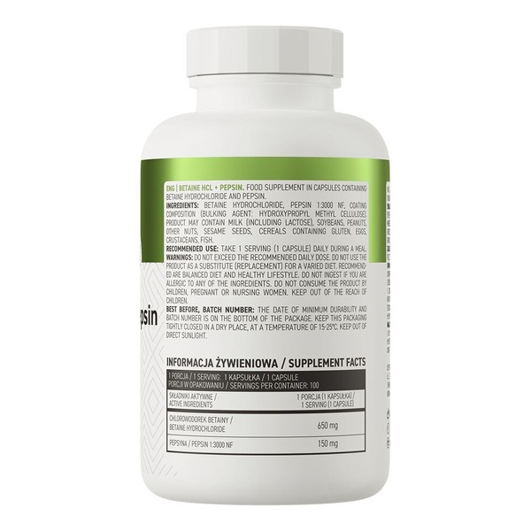 Натуральная добавка OstroVit Betaine HCl + Pepsin, 100 капсул. Фото 2