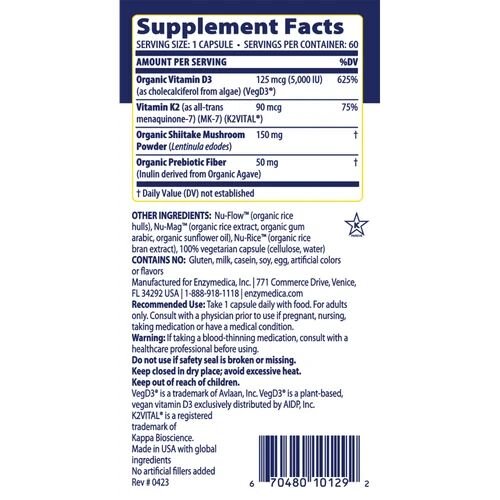 Витамины и минералы Enzymedica Vitamin D3 + Vitamin K2, 60 капсул. Фото 3