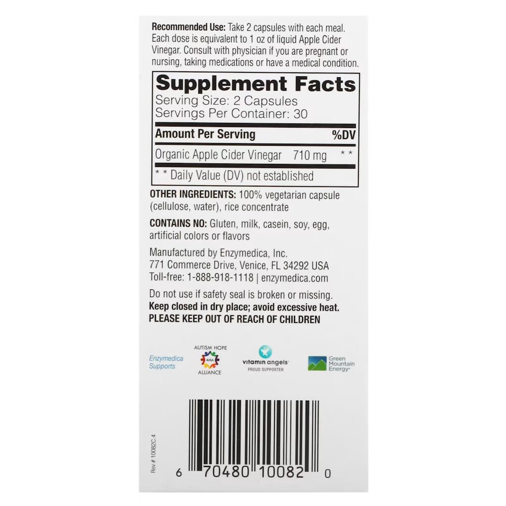 Натуральная добавка Enzymedica Apple Cider Vinegar, 60 капсул. Фото 3